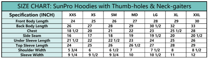 Graphic Saltwater Fly Fishing Hoodie Sizing Chart