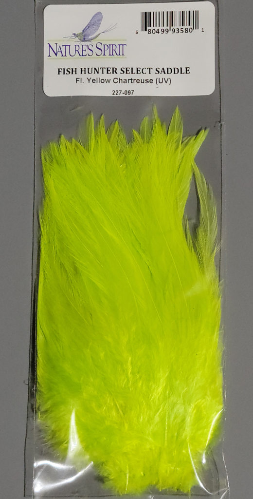 Fish Hunter Florescent Yellow Chartreuse UV Saddle Hackle Creates a Fish Boil As your fly becomes dinner for your prey. 