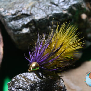 Olive Purple Flash Wooly Bugger Can Save Your Day on the Water Awesome bugger pattern, has saved my day my times.  Tied with olive marabou, olive medium krystal chenille, strung olive saddle hackle, with a collar of Whiting Farms BLW dyed purple and 1/4 brass cone. 
