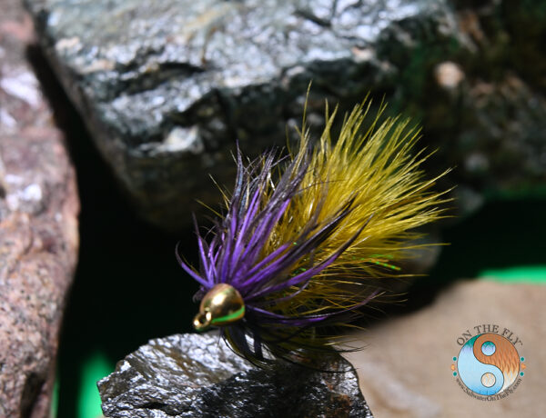 Olive Purple Flash Wooly Bugger Can Save Your Day on the Water Awesome bugger pattern, has saved my day my times.  Tied with olive marabou, olive medium krystal chenille, strung olive saddle hackle, with a collar of Whiting Farms BLW dyed purple and 1/4 brass cone. 