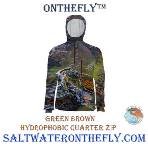 Hydrophobic Green Brown Fishing Hoodie Displays a Trophy Brown on the Green River
