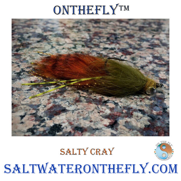 Salty Cray a Freshwater Fly, Too American tied on Gamakatsu Hooks, Olive Cross cut burnt orange crawfish barred. Gold pearl flash, yellow and green barred legs. Medium lead eyes.