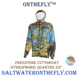 Hydrophobic Freestone Cutthroat Fishing Hoodie Displays A Cutthroat Just After Release