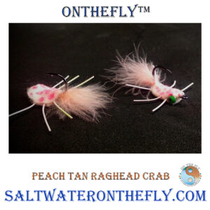 Peach Tan Raghead Crab American tied on Gamakatsu Hooks, with white legs and Peach Marabou