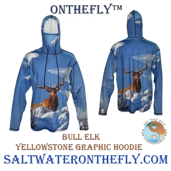 Bull Elk Wildlife Graphic hoodie in Yellowstone National Park outdoor apparel on Saltwater on the fly