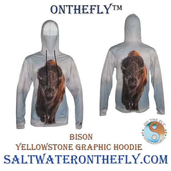 Bison Wildlife Graphic Hoodie Yellowstone Park Bison Wildlife Graphic Hoodie has a UPF-50 sun protection and a sewn in facemask.