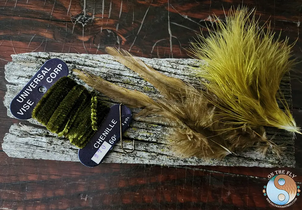 First types of materials used to tie the first woolly bugger: Hook, Olive Chenille, Saddle Hackle and Marabou