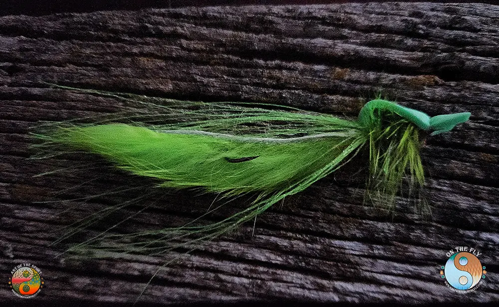 Side view of 4 inch Chartreuse Rabbit Gurgler tied on size 2 hooks