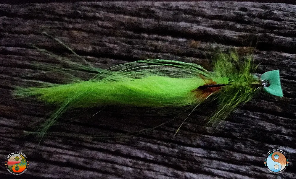 From the fish's point of view of 4 inch Chartreuse Rabbit Gurgler tied on size 2 hooks