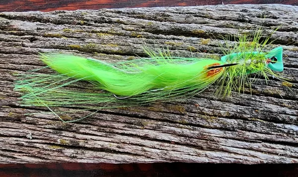 Belly of the Chartreuse White Gurgler length is 5 inches size 1/0 hooks
