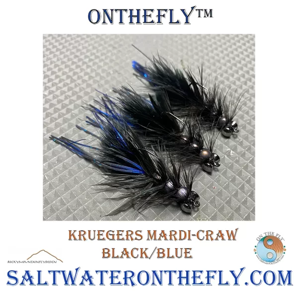 Krueger's Mardi-Craw Black-Blue A great color combination. Small mouths in the spring as well as rainbows on the Missouri below Holter Dam. 