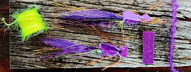 Purple Burp Flash foam gurgler fluorescent yellow hot spot / whiting farms grizzly dyed purple tail fresh water streamer 