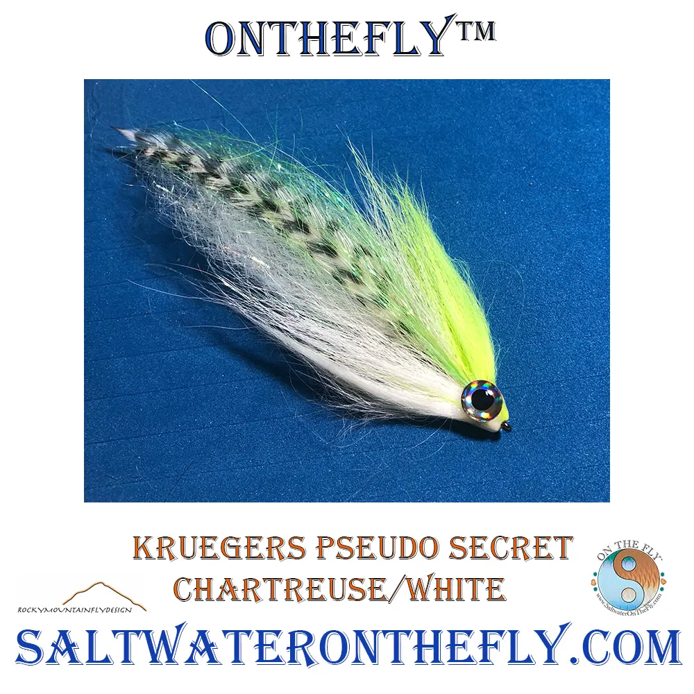 Chartreuse/ white Pseudo Secret fly fishing for striped bass