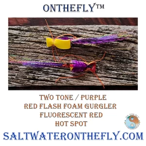 Two tone foam, red flash yellow back, flash purple body, tail whiting farms freshwater streamer grizzly dyed purple Semperfli flash, Hot spot Fluorescent Red Semperfli Ice