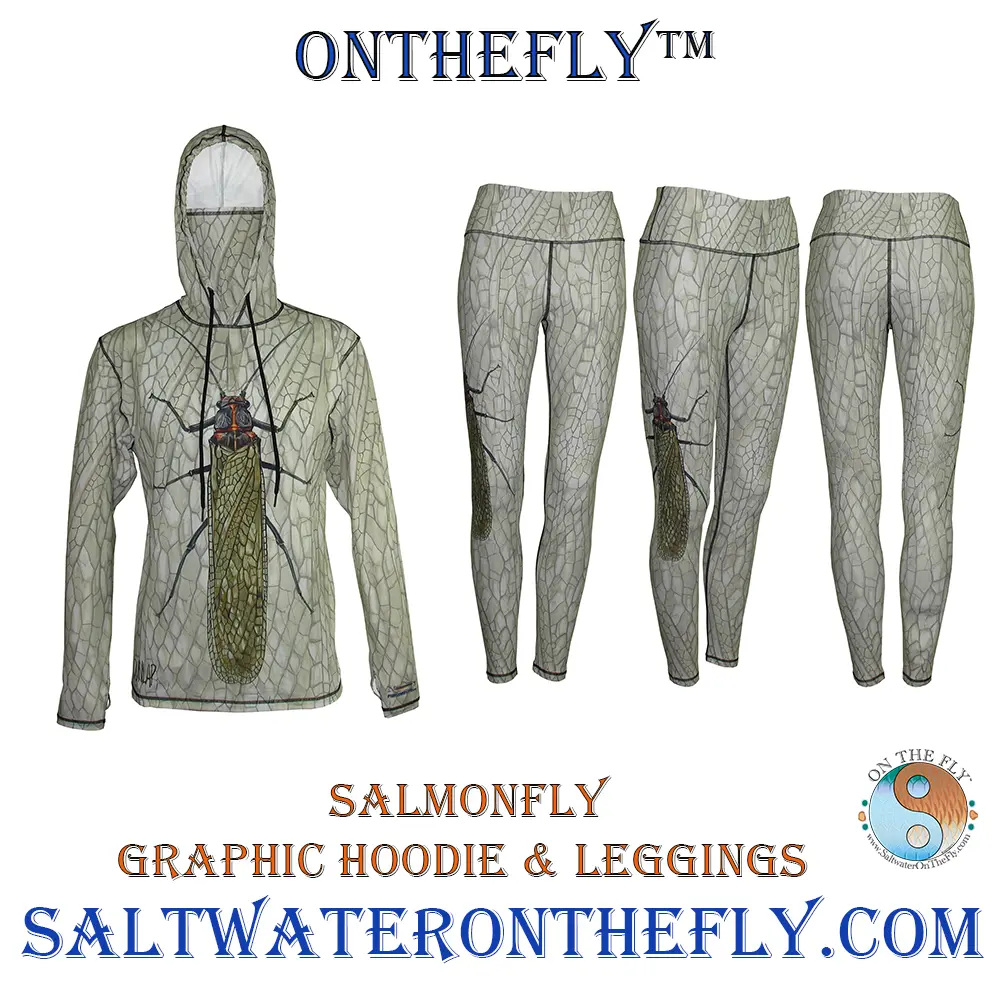 Oregon fly fishing apparel in a graphic hoodie and patterned leggings great sun protection UPF-50 Saltwater on the Fly