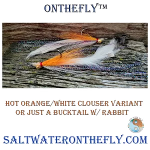 Clouser Rabbit Hot Orange-White Variant Tied on a Ahrex SA 270 4/0 Bluewater Hook, Ice Straggle Fl. Red Tag, White body. Crystallized Flash Purple/Blue-Green and Platinum. Hot Orange Bucktail back, White Buck Tail Belly. White Rabbit.