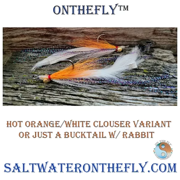 Clouser Rabbit Hot Orange-White Variant Tied on a Ahrex SA 270 4/0 Bluewater Hook, Ice Straggle Fl. Red Tag, White body. Crystallized Flash Purple/Blue-Green and Platinum. Hot Orange Bucktail back, White Buck Tail Belly. White Rabbit.