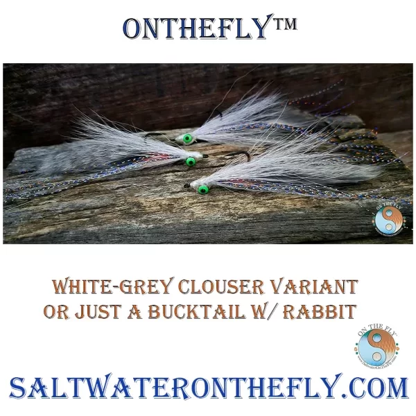 White Grey Rabbit Clouser Variant Tied on a Daiichi 2451 Hook. Chartreuse Ice Straggle White Body & Fl. Red Butt. Crystalized Flash Violet Peral/Platinum/Violet Pear . Fresh water and saltwater streamer. Red eyes.