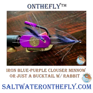 Iron Blue-Purple Clouser Rabbit Minnow Multi Predator species Clouser is tied on a Sea Prince, Partridge Hook, Semperfli Iron Blue Micro Fritz Gel Core body, deep purple bucktail, black rabbit and Crystallized Silver & Peacock Flash.  