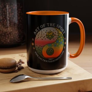 Orange - Brook Trout Rainbow Yin/Yang Mug 15 oz. mug for tea, coffee, hot chocolate. Start or End the day with a positive nature vibe. Saltwater on the Fly.