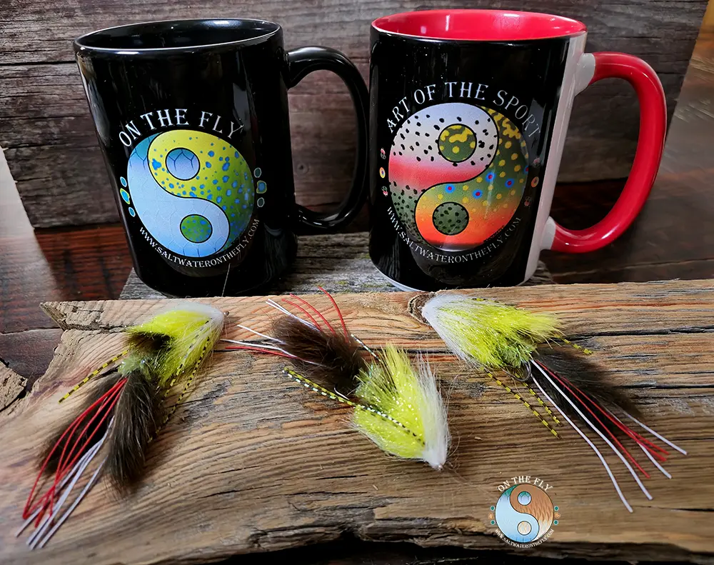 Crabby Craw Minnow Olive Brown, resting with Yin Yang Mugs