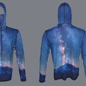 Mount Rainier Milky Way Graphic Hoodie is a solid pick for hiking conditions, thanks to its UPF50 rating, neck gaiter, and lightweight stretch fabric.