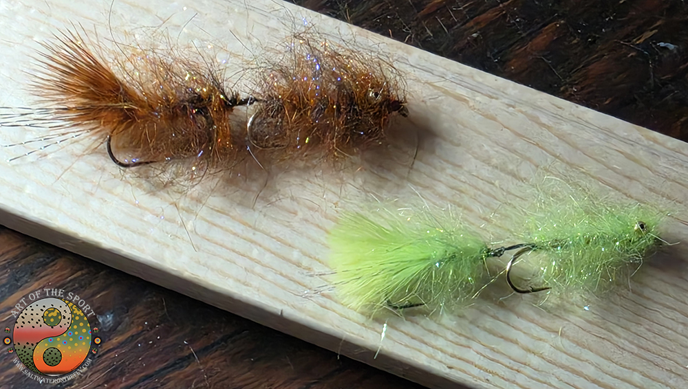 Articulated Leeches in crawfish orange and chartreuse monster bush fur.