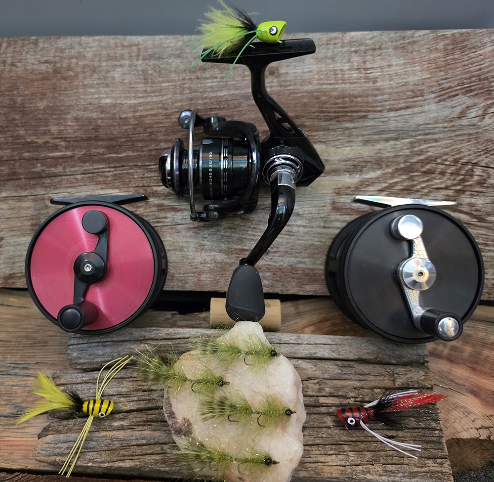Fl. Sasquatch Bush Fur Leeches and Summit Tackle Spinning Reel.