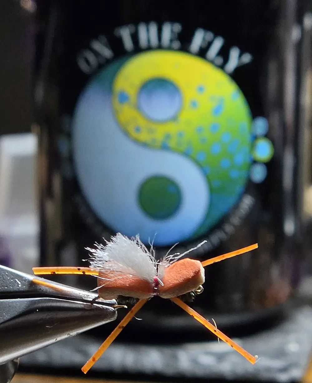 I Wonder Terrestrial – Orange/Light Tan: a foam beetle/hopper trout fly tied on a Daichi 1720. Field-tested on Montana creeks & the St. Joe River."