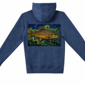 A Van Gogh-inspired brown trout hoodie built for cold mornings and technical water. Soft fleece, bold art, made for anglers. Shop the Starry Series now, Saltwater on the Fly.