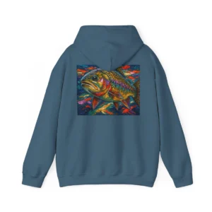 Wear the river. Abstract cutthroat trout hoodie with full-back art, kangaroo pocket & double-lined hood. Humpy Red, Alpine Glow Purple, Adams Grey.