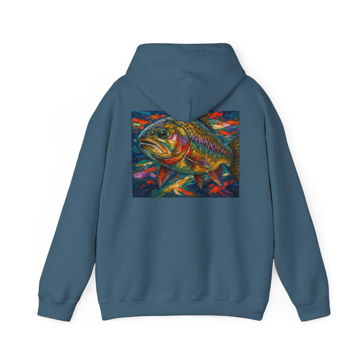 Wear the river. Abstract cutthroat trout hoodie with full-back art, kangaroo pocket & double-lined hood. Humpy Red, Alpine Glow Purple, Adams Grey.