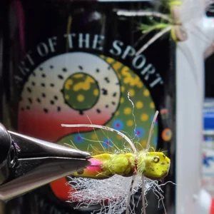 Dave's Gallatin Stonopper dry fly tied in a Regal vise, yellow and brown mottled foam back with pink egg sac dubbing loop, Saltwater on the Fly.