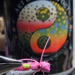 Pink Belly Hopper-Stone dry fly showing purple foam top and pink underside with glow pink legs