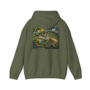 "Northern pike fishing hoodie with large painterly pike artwork on the back", Saltwater on the fly.