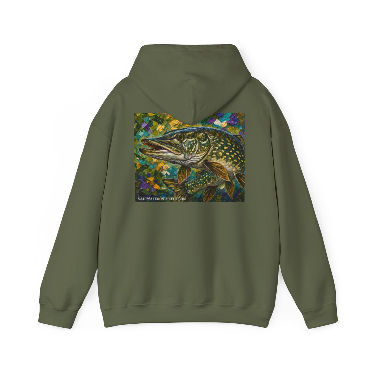 "Northern pike fishing hoodie with large painterly pike artwork on the back", Saltwater on the fly.