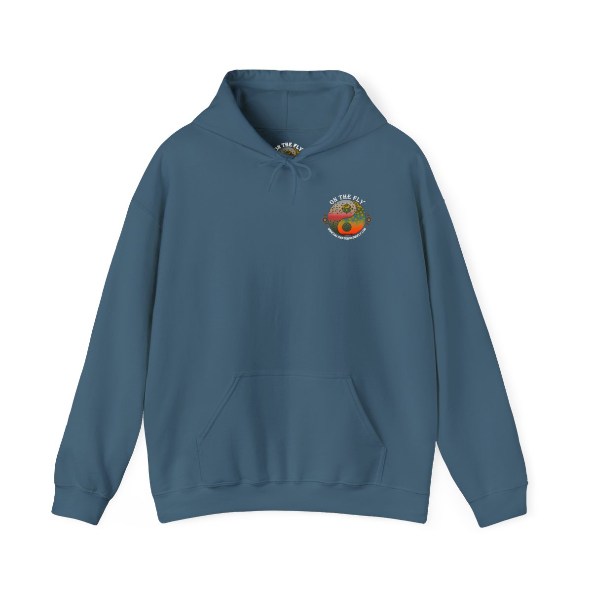 Front "Northern pike fishing hoodie with large painterly pike artwork on the back" Saltwater on the fly.