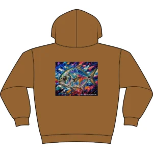 Permit fly fishing hoodie in Pecan with hand-drawn yin-yang Tarpon and Redfish chest logo
