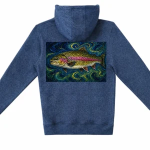 A Van Gogh-inspired rainbow trout hoodie built for cold mornings and slow river days. Soft fleece, bold art, made for anglers. Shop the Starry Series now, Saltwater on the fly