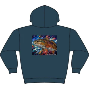 Redfish heavyweight hoodie with yin-yang chest graphic, Saltwater on the Fly.