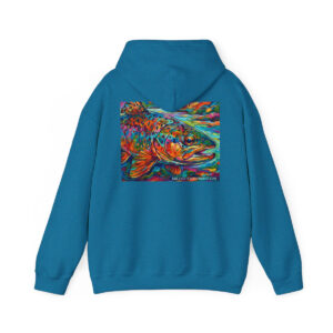 Cozy, art-forward hoodie with a bold abstract brown trout print. Soft 50/50 blend, kangaroo pocket, double-lined hood. Built for the river or the couch.