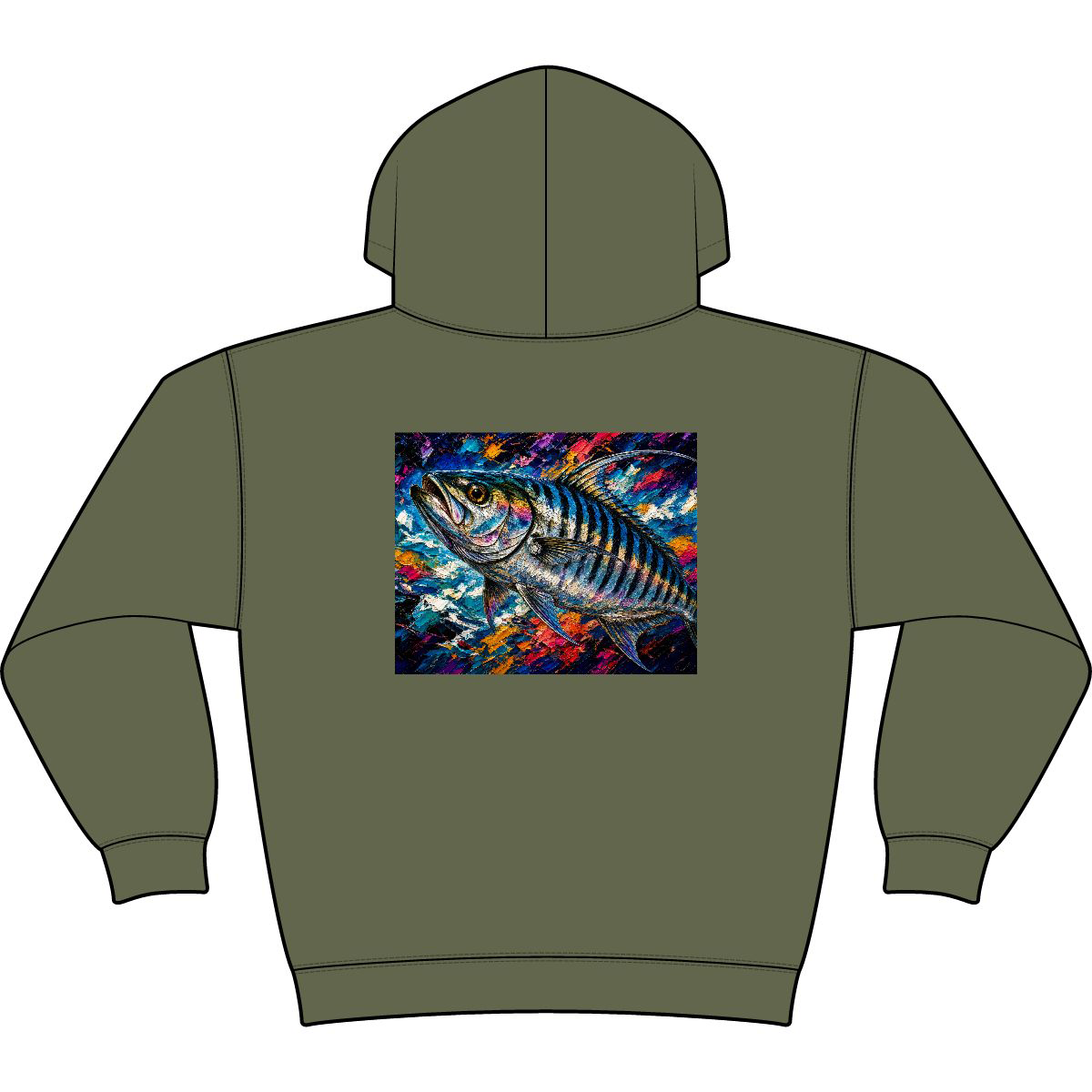 Mangrove Green Roosterfish Hoodie with small roosterfish chest graphic, Back view