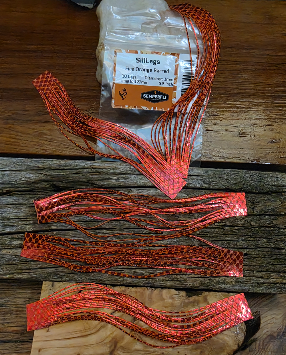 Semperfli SiliLegs Fire Orange Barred silicone fly tying legs, 5 strips of barred orange rubber legs for saltwater fly patterns, Saltwater on the fly.