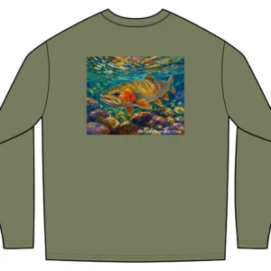 Garment-dyed West Slope cutthroat tee in soft combed cotton. Full-color trout back print, chest emblem. Built for river days. Shop now, Saltwater on the fly.