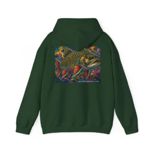 Abstract brook trout art hooded sweatshirt in Beaver Pond Green with full-back trout print and chest emblem