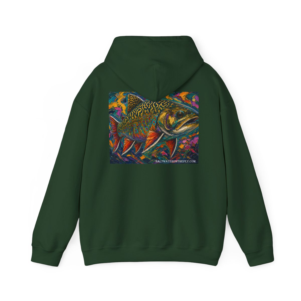 Abstract brook trout art hooded sweatshirt in Beaver Pond Green with full-back trout print and chest emblem