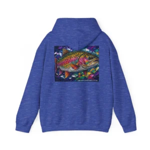 Bold abstract rainbow trout art hoodie — vivid full-back print, cozy 50/50 blend, kangaroo pocket. Wear the river. Shop now at Saltwateronthefly.com