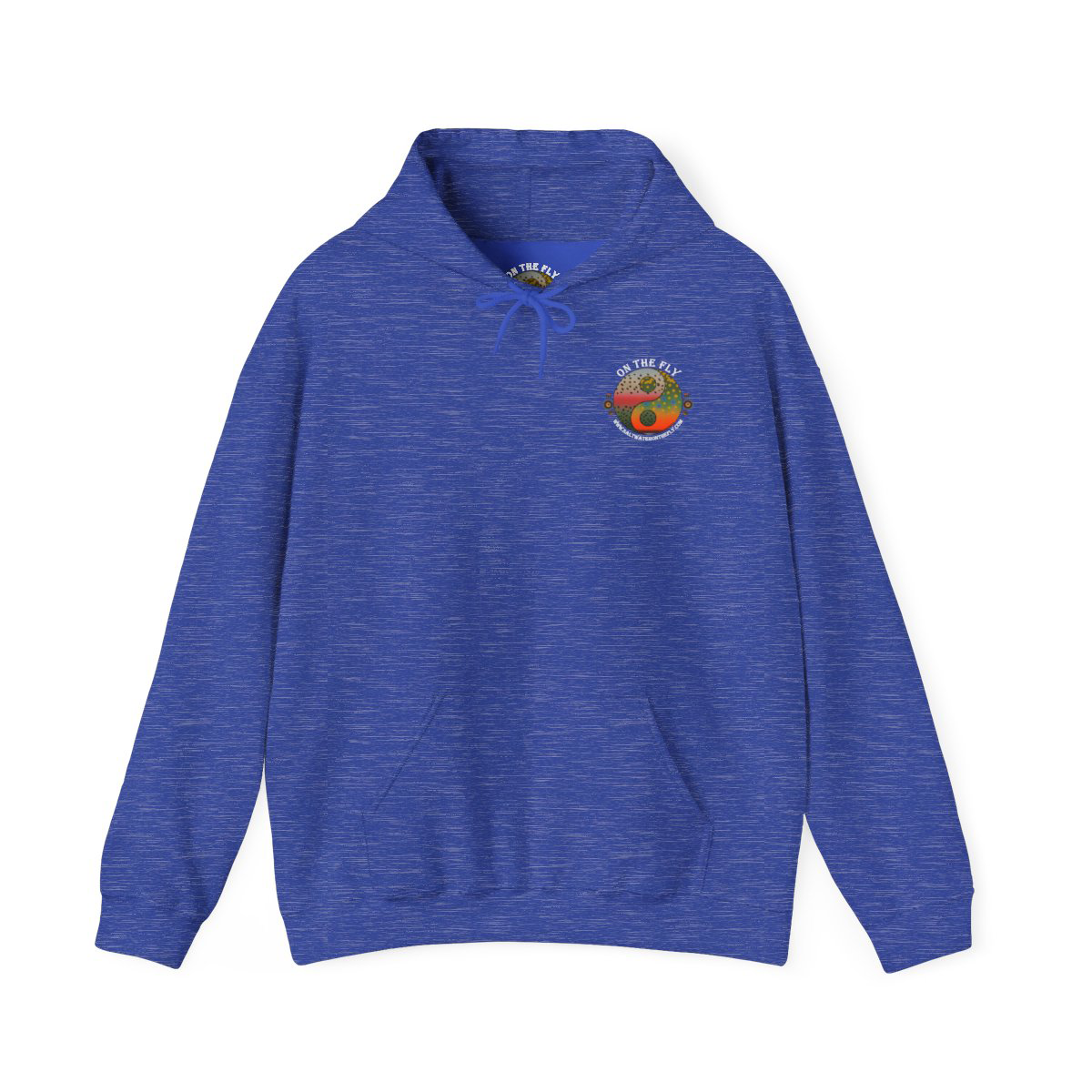 Largemouth bass midweight fishing hoodie front view with small colorful Yin Yang Logo chest badge, Saltwater on the Fly.
