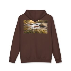 Back of Brown Girdle Bug Hoodie showing streamside nature scene artwork with water insect silhouette Saltwater on the Fly.