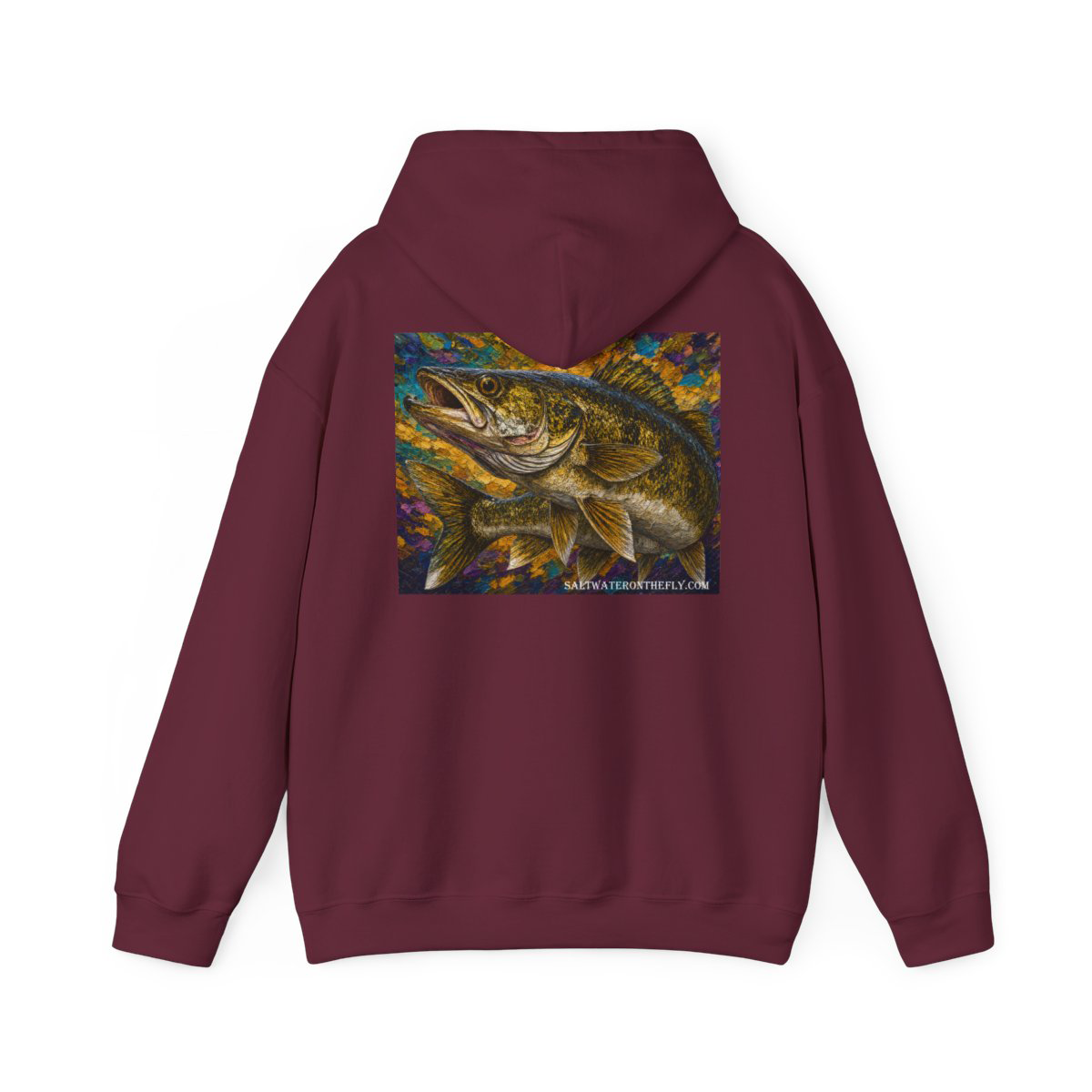 Double-lined hood and kangaroo pocket on walleye fishing sweatshirt, Saltwater on the Fly.